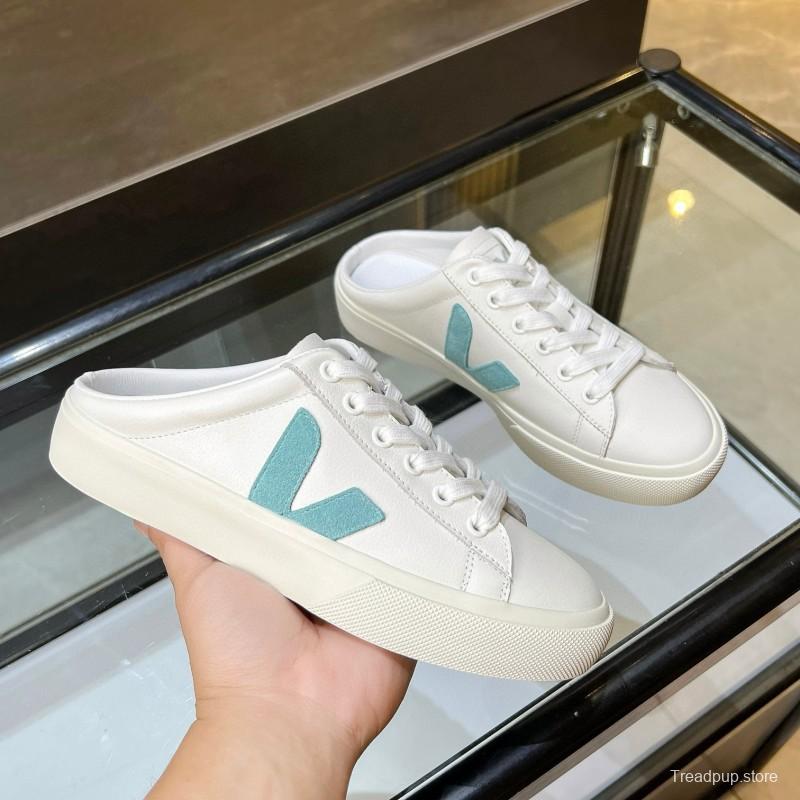 2025 VEJA White Blue Leather Canvas Slip-On Sneakers