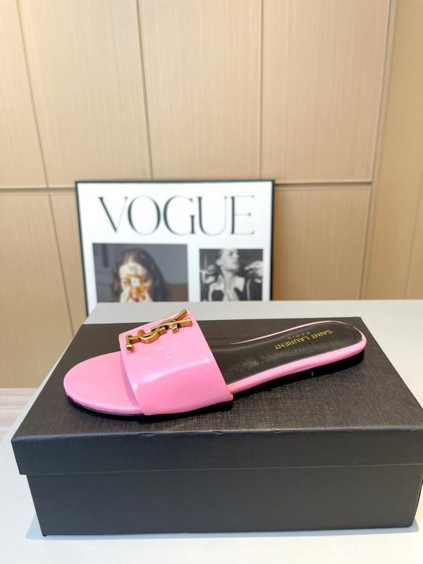2025 Women Yves Saint Laurent Pink Patent Leather Slippers