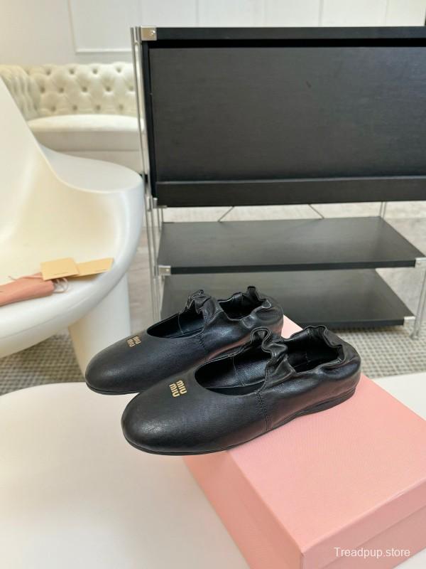 2025 Women Miu Miu Black Leather Ballet Flats