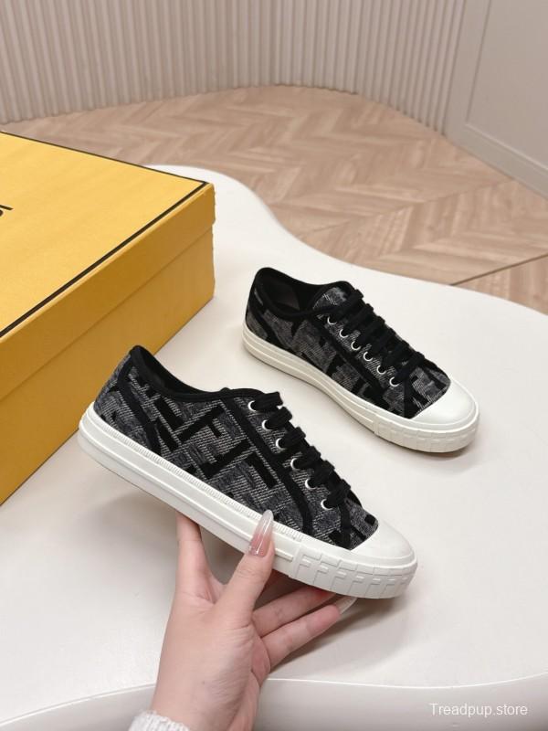 2025 Women Fendi Black Grey Fabric Leather Sneakers
