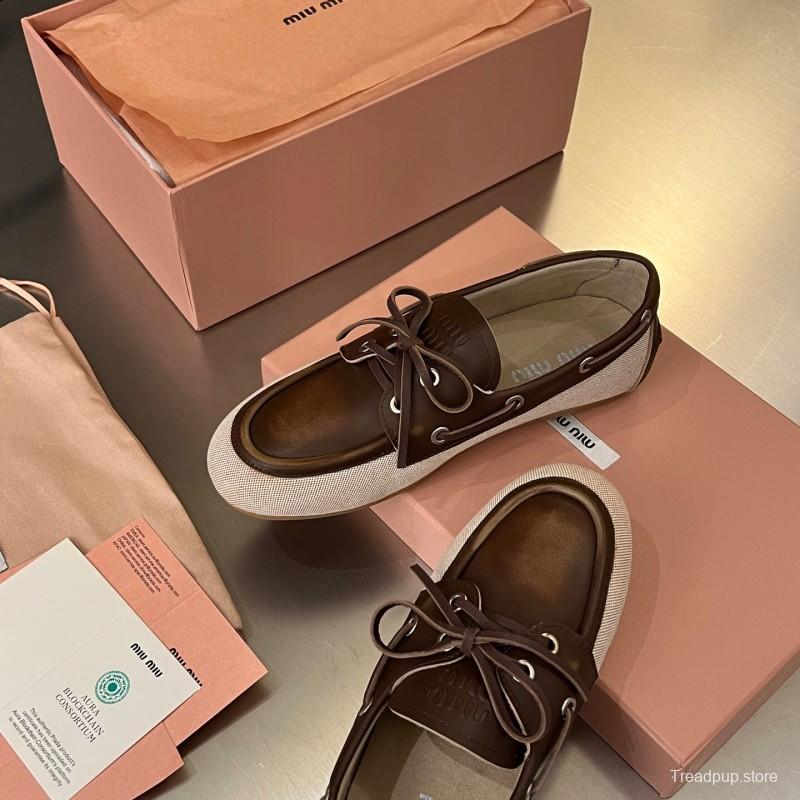 2025 Women Miu Miu Brown Beige Leather Canvas Loafers LY00230