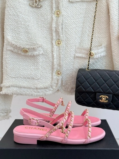 2025 Women Chanel Pink Leather Chain Strap Sandals