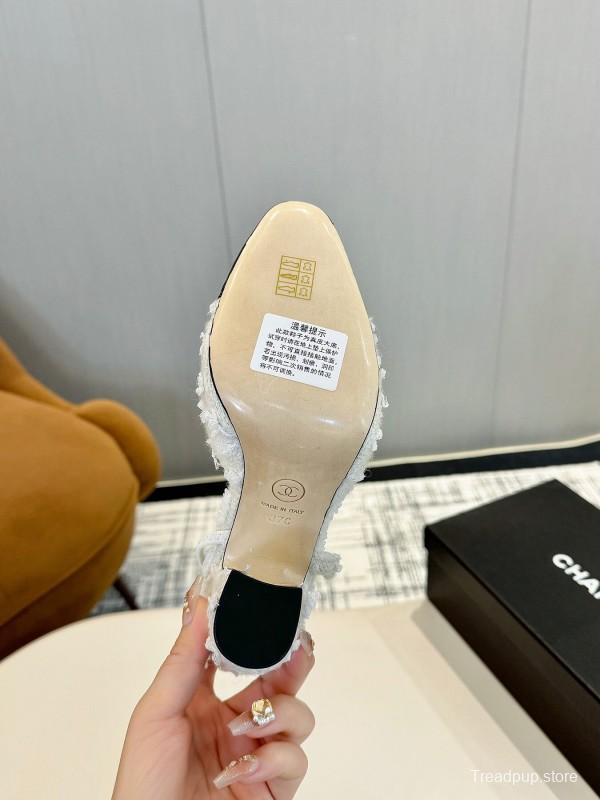 2025 Women Chanel White Black Leather Tweed Slingback Block Heel LY00270