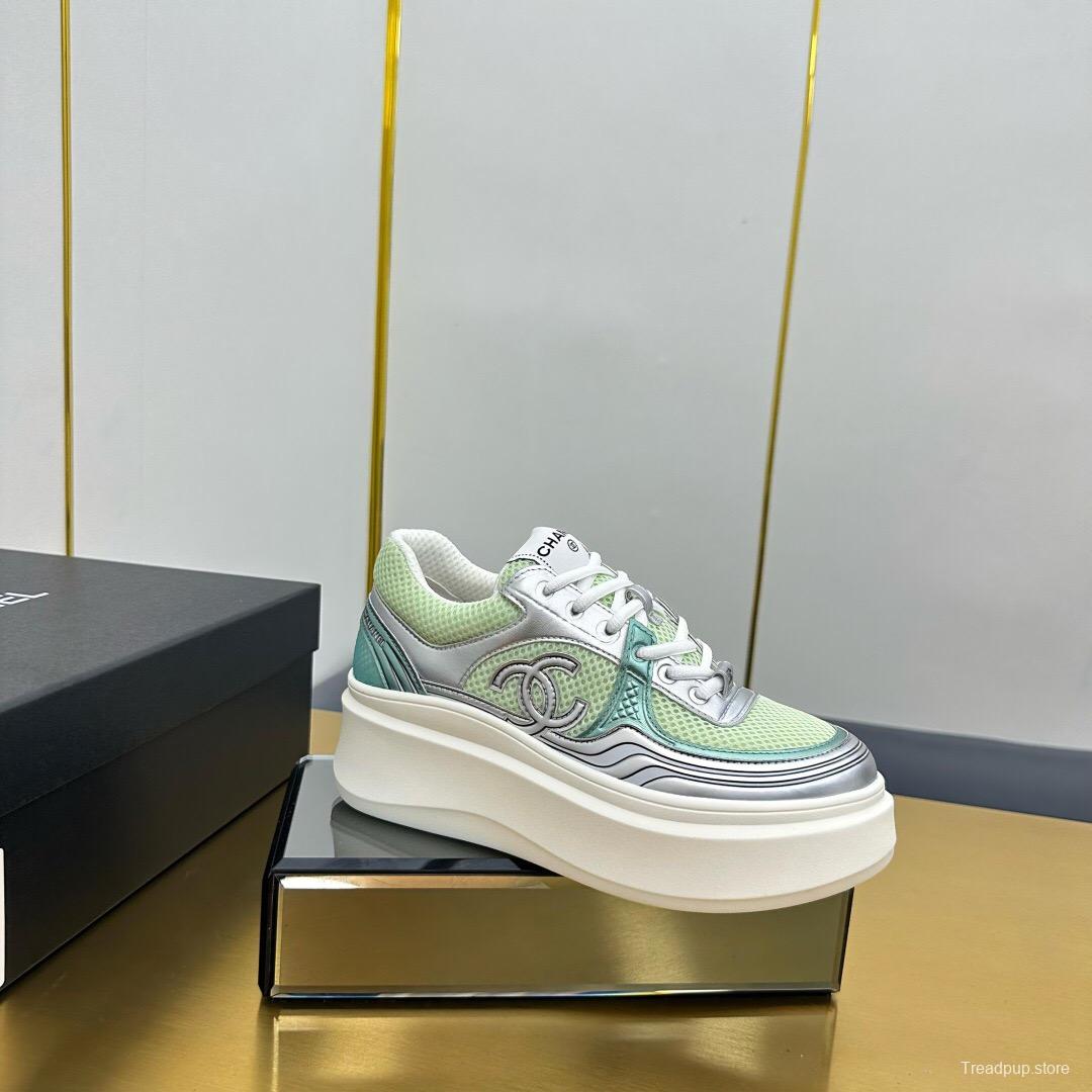 2025 Women Chanel Green Silver Mesh Leather Platform Sneakers