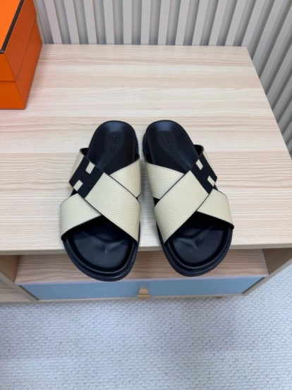 2025 Slippers Hermès Black Ivory Leather Cross Strap