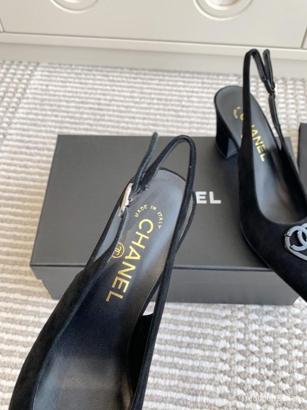 2025 Women Chanel Black Suede Slingback Heels CC Logo KFY00300