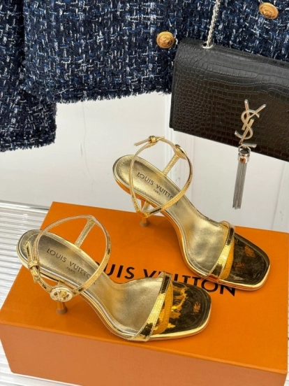 2025 Women Louis Vuitton Gold Leather Sandals