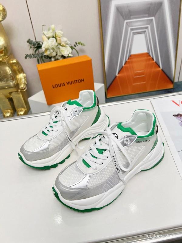 2025 Unisex Louis Vuitton White Green Leather Mesh Rubber Sneakers LY00340