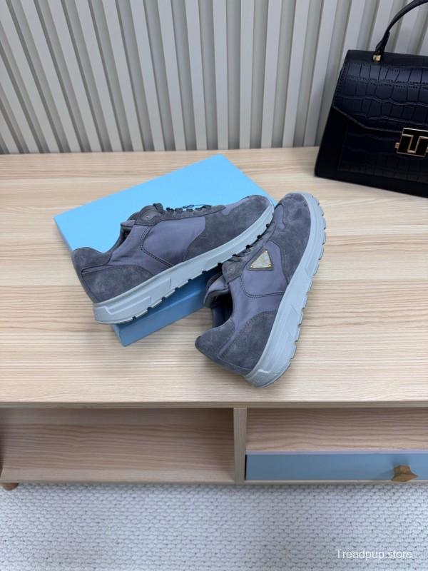 2025 Women Prada Grey Suede Leather Sneakers LY00300