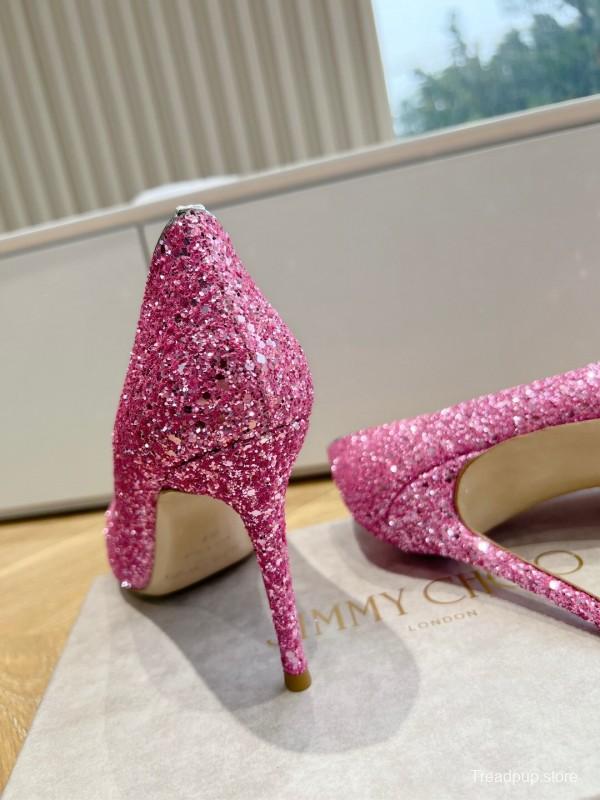 2025 Women Jimmy Choo Pink Glitter Leather High Heels KFY00280