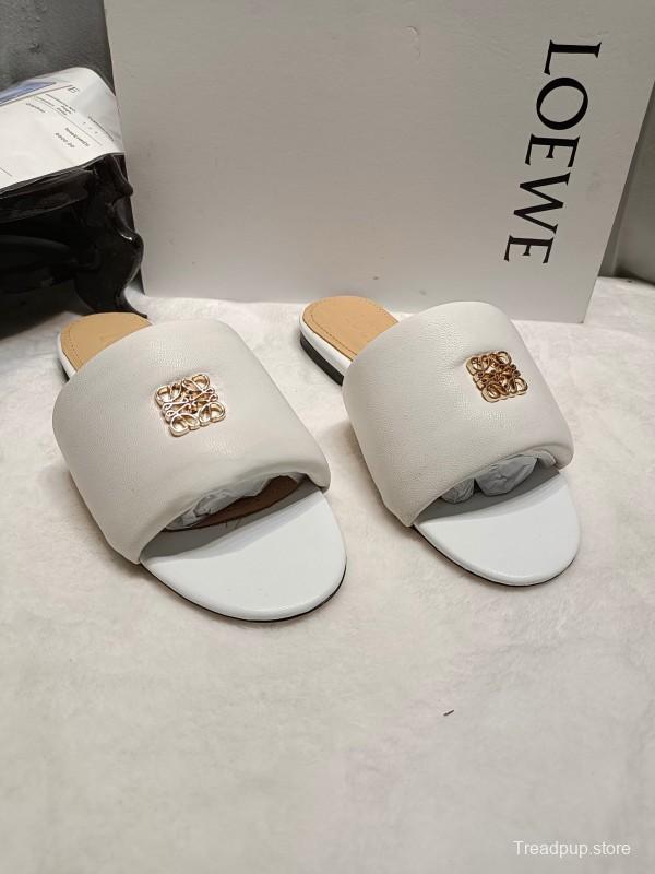 2025 Women Loewe White Leather Slippers LY00260
