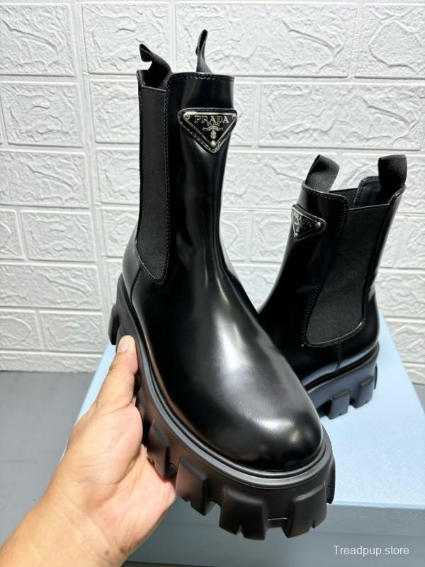2024 Women Prada Black Leather Chelsea Boots MJ00380