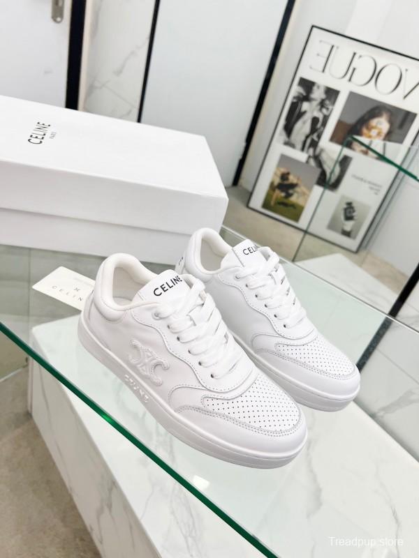 2025 Women Celine White Leather Sneakers Block Triomphe KFY00260