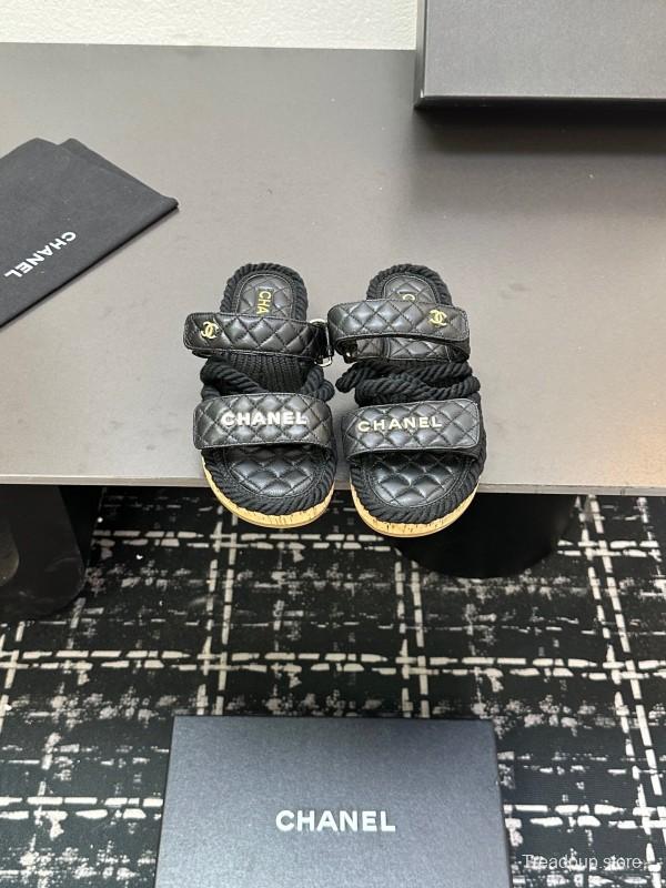 2025 Slippers Chanel Black Leather Cork Sole Sandal LY00250