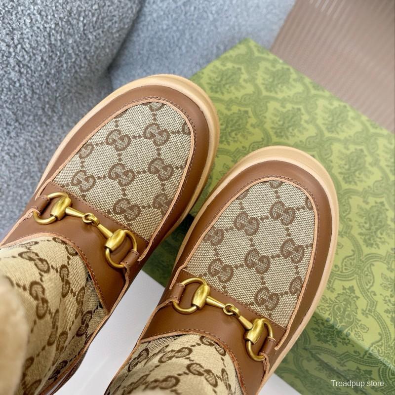 2024 Women Gucci beige brown leather shearling snow boots MJ00420