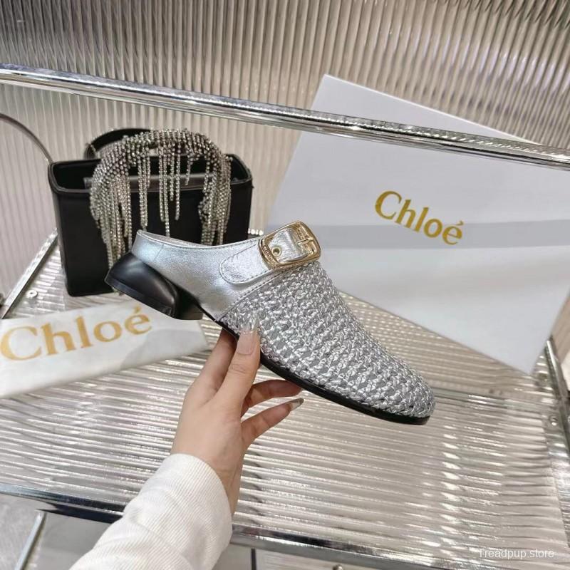 2025 Women Chloé Silver Leather Woven Slippers