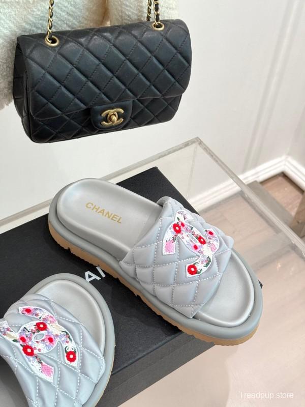 2025 Slippers Chanel Silver Floral Embroidery Leather Slippers KFY00260