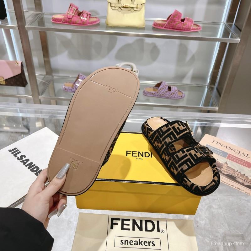 2025 Fendi Black Beige Fabric Slippers FF Buckle KFY00250