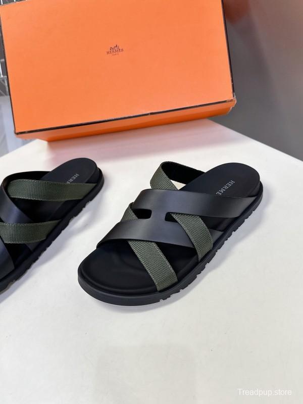 2025 Slippers Hermès Black Green Leather Fabric Slippers
