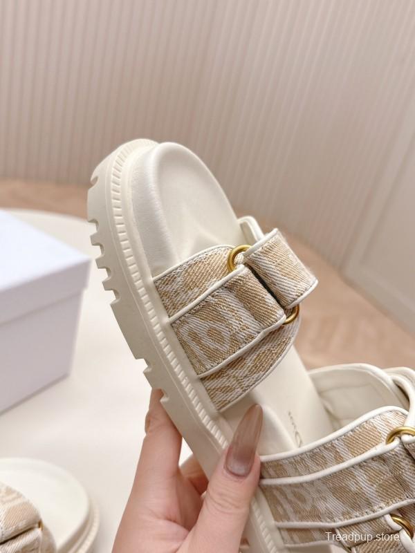 2025 Women Dior Beige Canvas Sandals Magic Tape LY