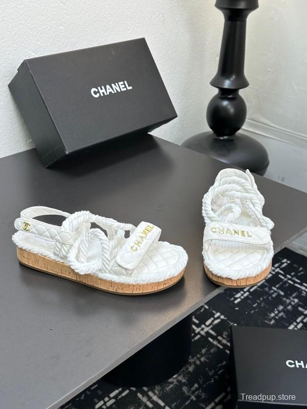 2025 Women Chanel White Leather Roped Espadrille Sandals LY00260