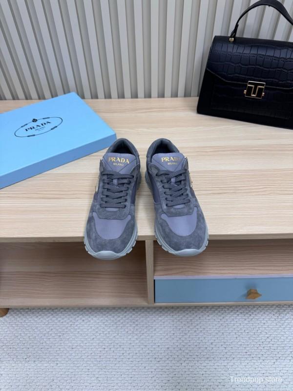 2025 Women Prada Grey Suede Leather Sneakers LY00300