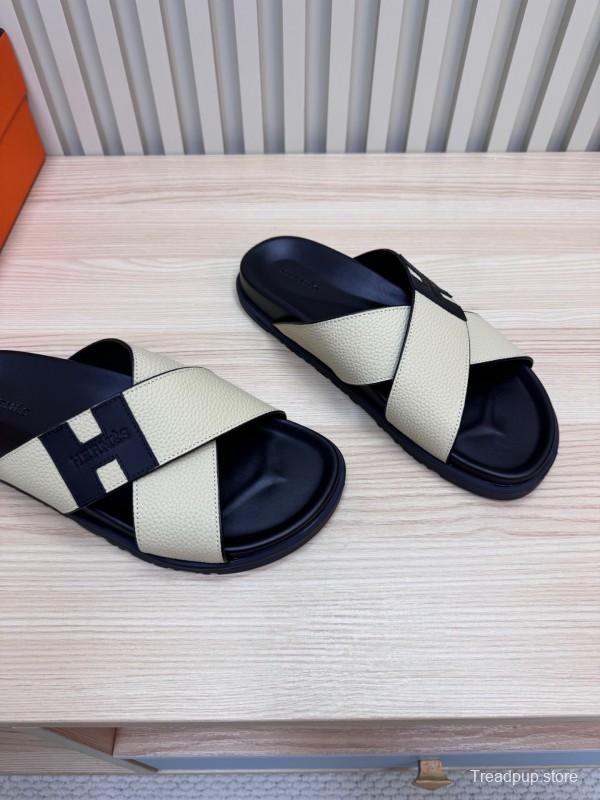 2025 Slippers Hermès Black Ivory Leather Cross Strap
