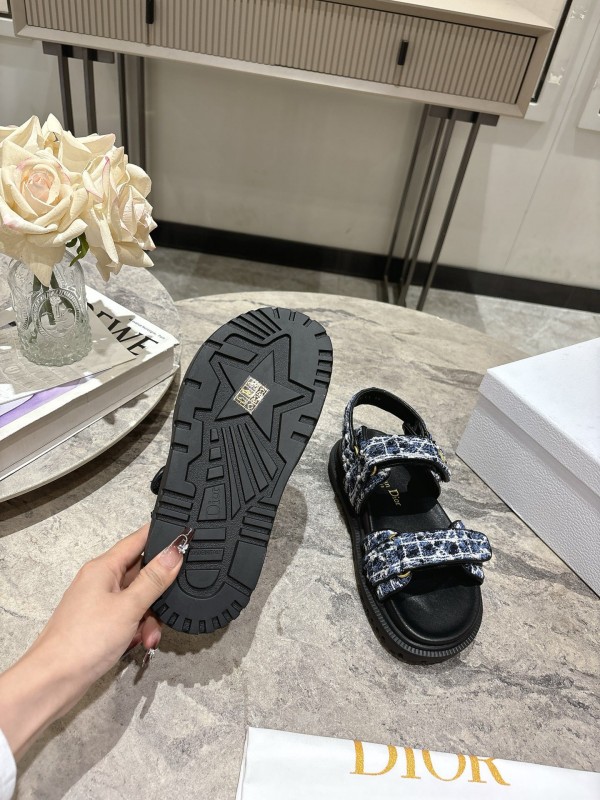2025 Women Dior Black Blue White Fabric Leather Sandals KFY00300