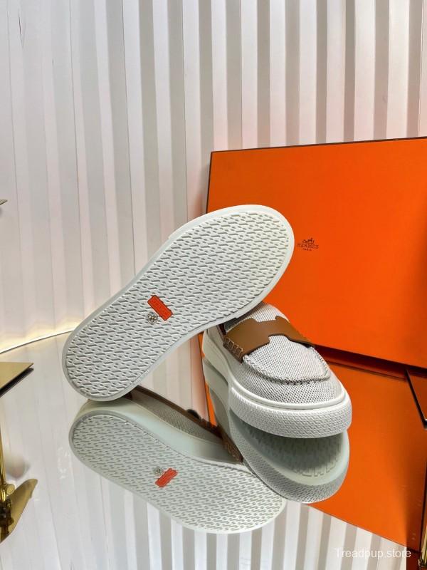2025 Unisex Hermès White Brown Leather Fabric Loafers