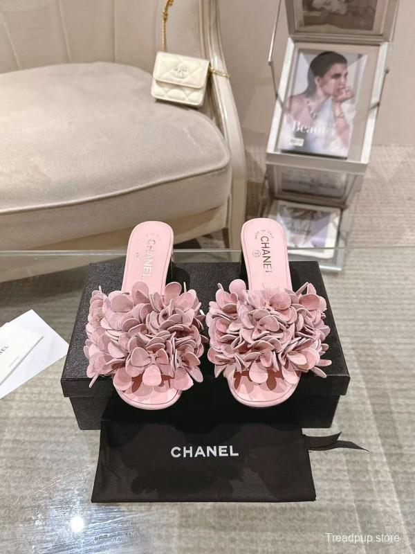 2025 Women Chanel Pink Suede Flower Mule