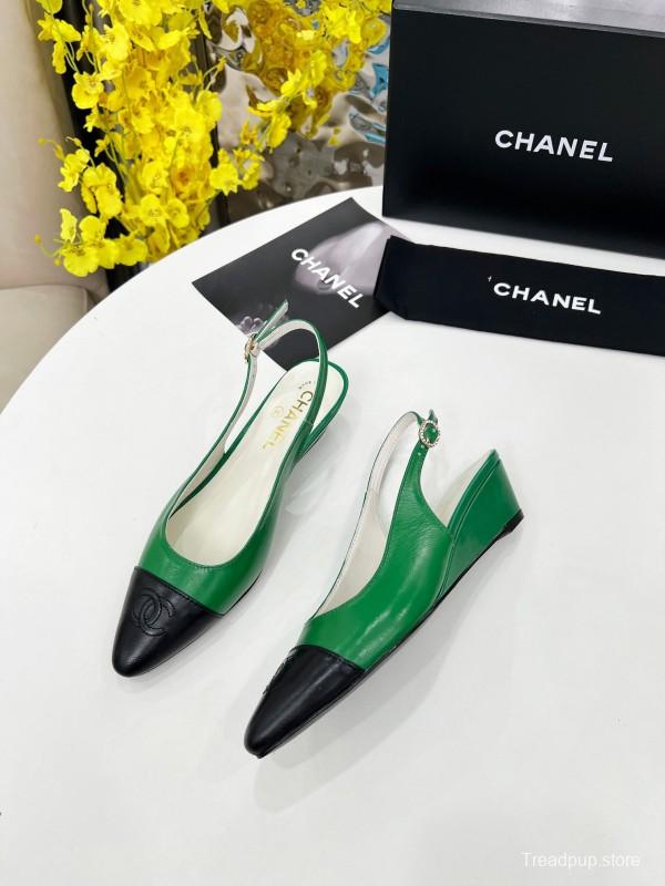 2025 Women Chanel Green Black Leather Slingback Flats