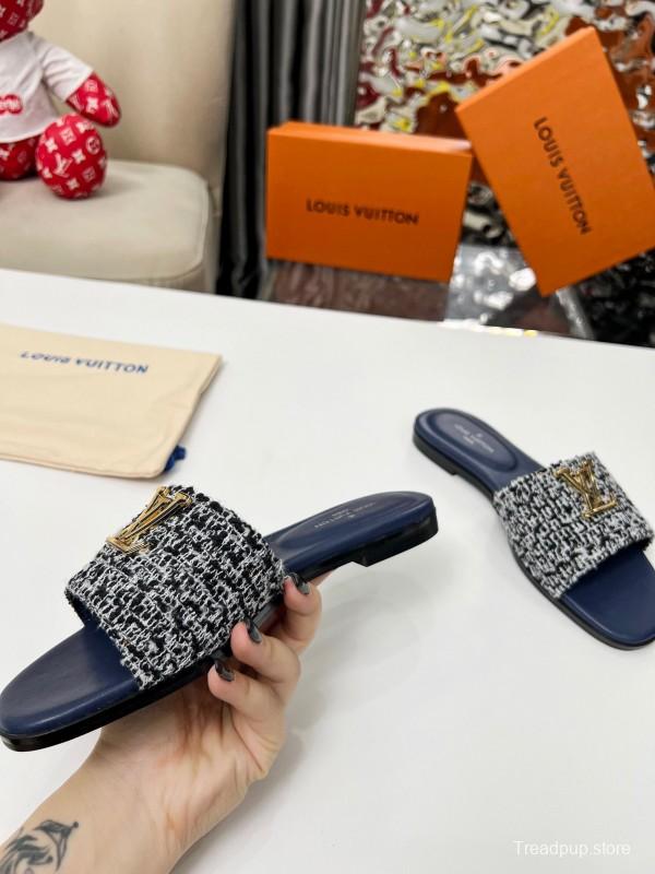 2025 Women Louis Vuitton Navy Tweed Leather Slippers LY00210