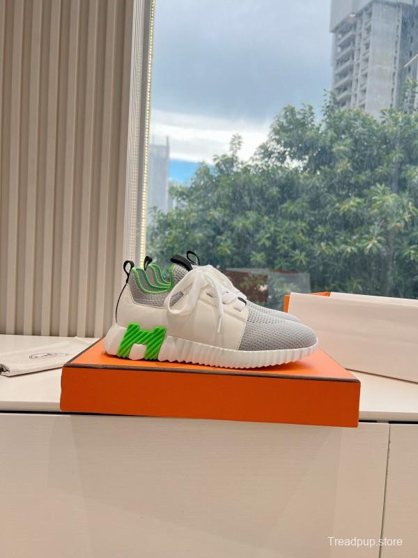 2024 Unisex Hermès White Green Calfskin Suede Sneakers MJ00290