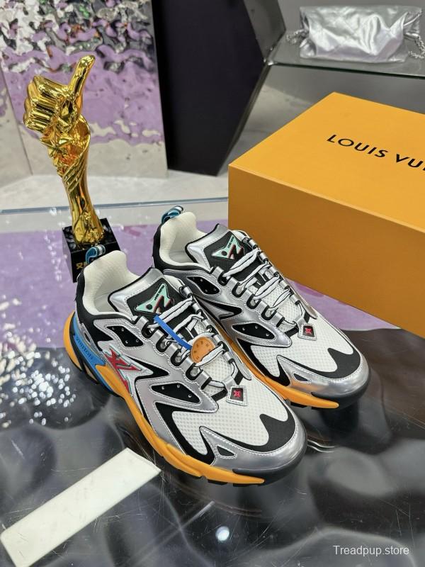 2025 Men Louis Vuitton White Black Blue Leather Mesh Sneakers MJ00420