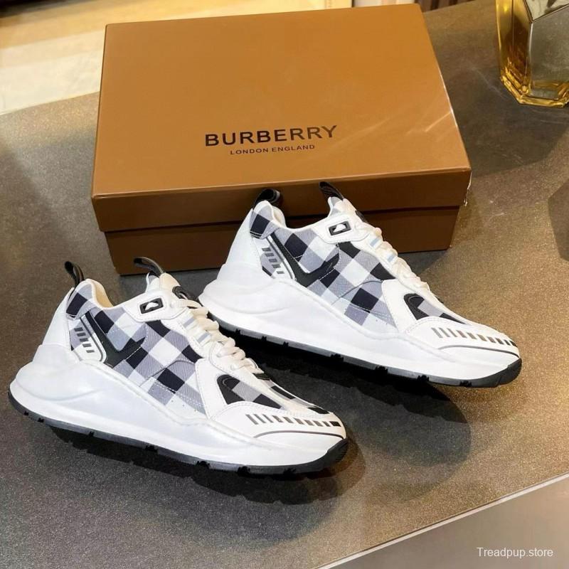 2025 Unisex Burberry White Black Cotton Leather Suede Chunky Sneakers Vintage Check MJ00380(F/W)