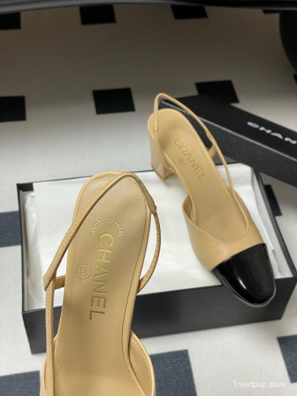 2025 Women Chanel Beige Black Leather Sling-back Classic Heel