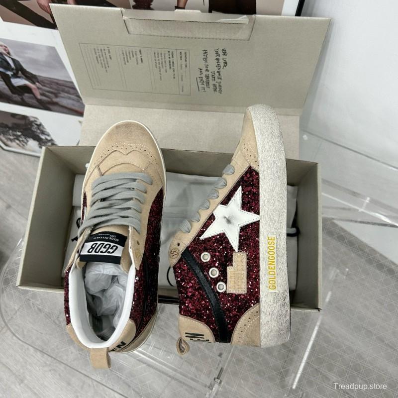 2024 Unisex GGDB Burgundy Beige Glitter Leather High Top Sneakers MJ00300