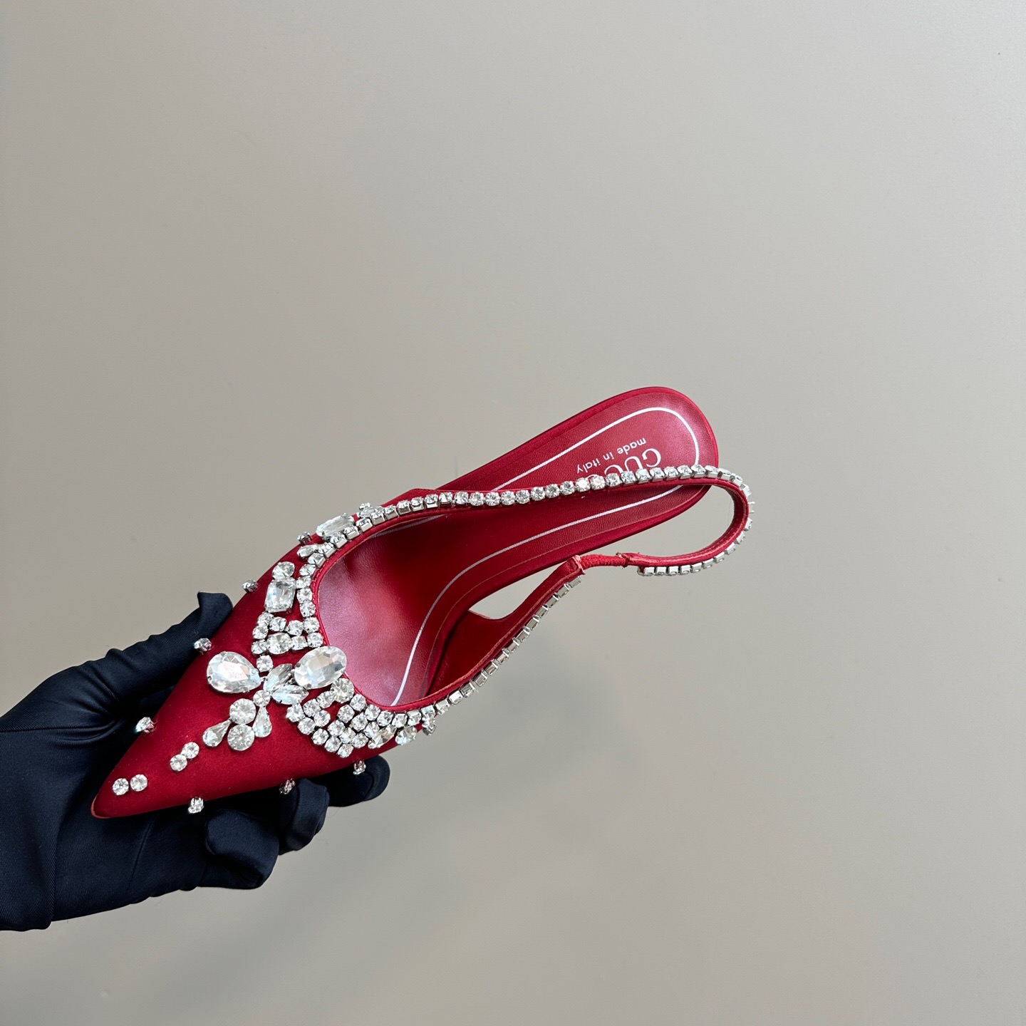 2025 Women Gucci Red Silk Rhinestone Embellished Heels KFY00340
