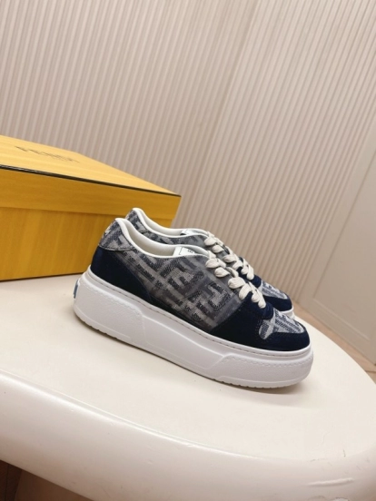 2025 Women Fendi Navy Grey Leather Canvas Sneakers LY00340