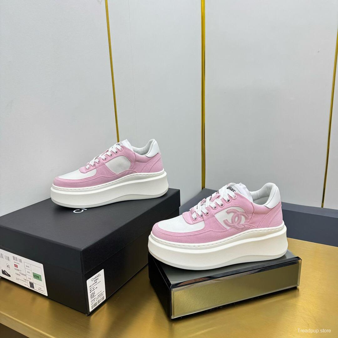 2025 Women Chanel Pink White Leather Suede Platform Sneakers