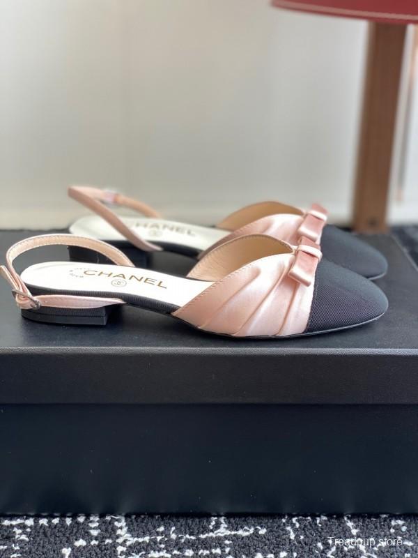 2025 Women Chanel Pink Black Silk Leather Sandals Satin Bow KFY00289
