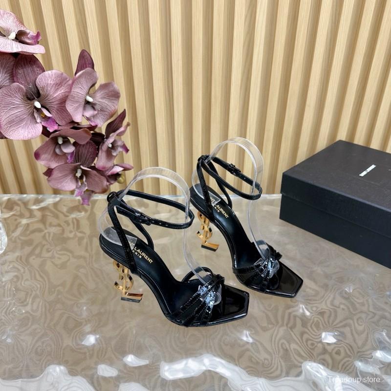 2025 Women Yves Saint Laurent Black Patent Leather High Heel Sandals Metal Logo MJ00310
