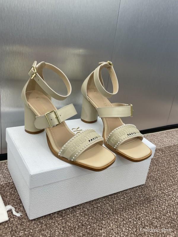 2025 Women Dior Beige Leather Embroidered Sandals