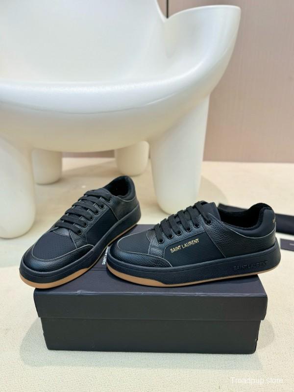 2024 Unisex Yves Saint Laurent Black Silk Leather Casual Shoes Embossed Logo MJ00350