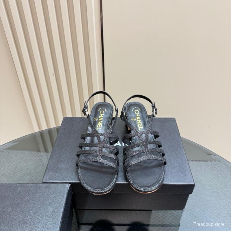 2025 Women Chanel Black Leather Sandals KFY00290