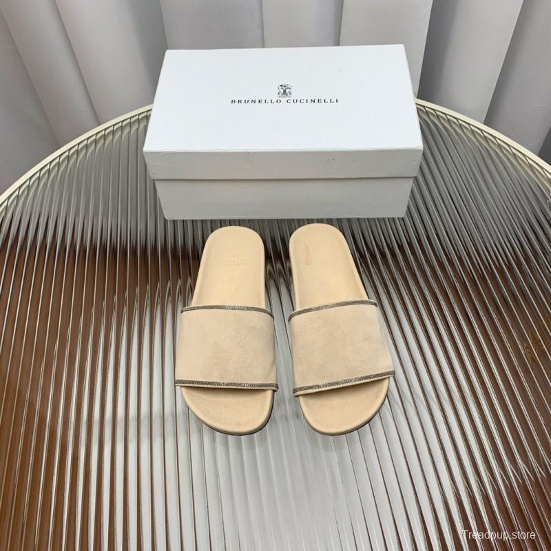 2025 Women Brunello Cucinelli Beige Suede Flat Slide Sandals Handmade Detailing KFY00240 (F)