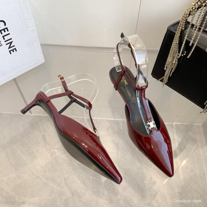 2025 Women Celine Red Patent Leather T-Strap Low Heel