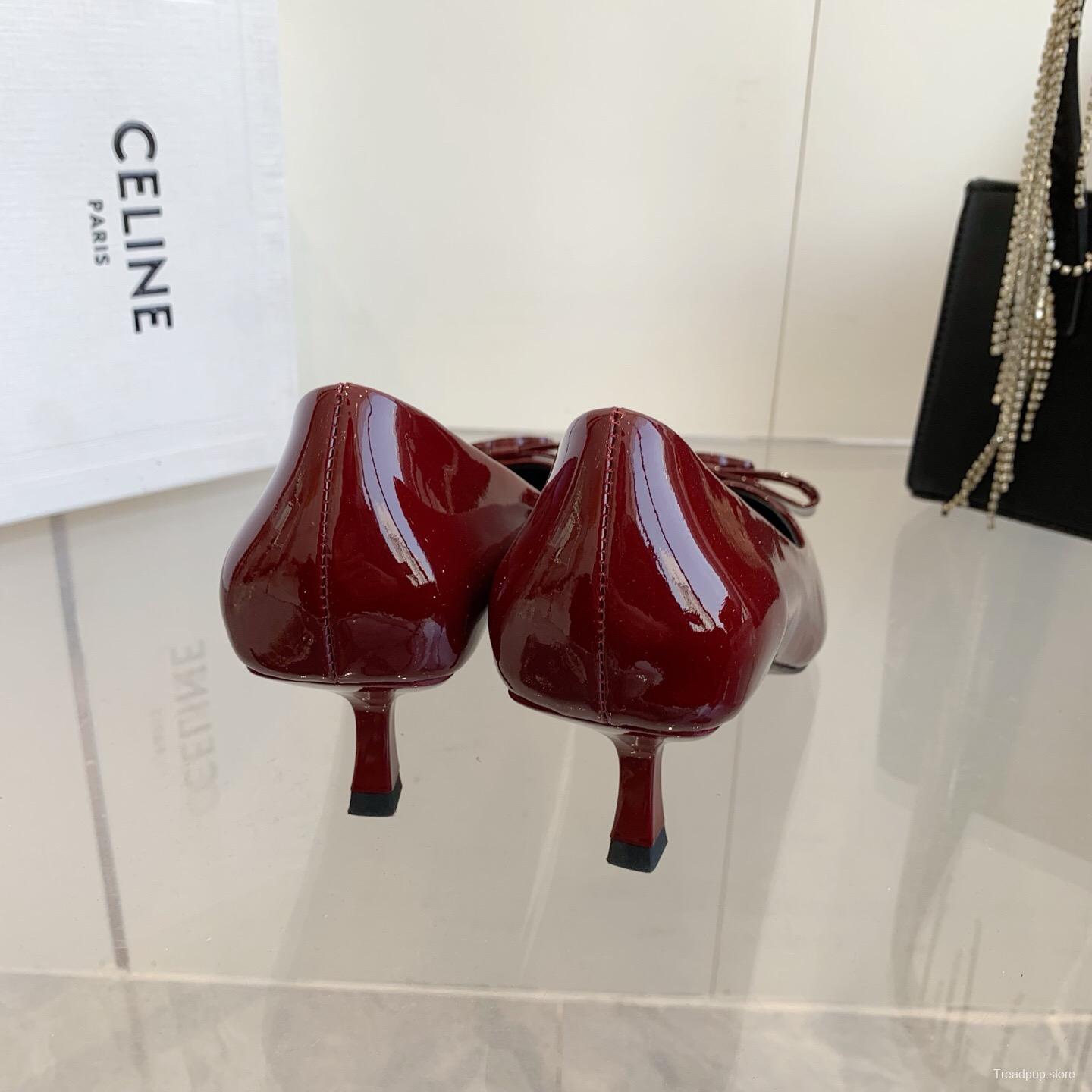 2025 Women Celine Burgundy Patent Leather Pointed Toe Pumps