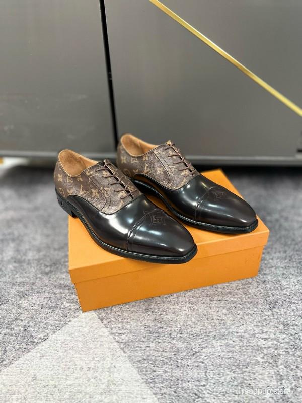 2024 Men Louis Vuitton Brown Black Leather Canvas Oxford MJ00380