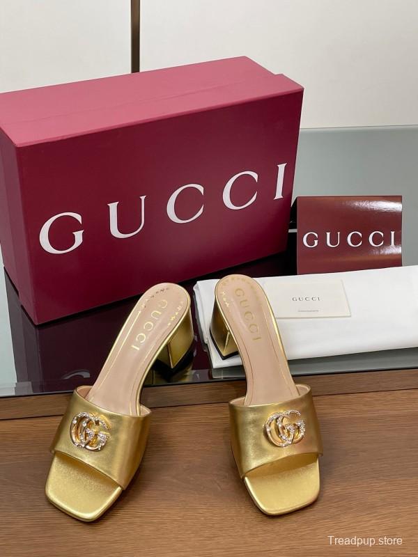 2025 Women Gucci Gold Leather Mules Block Heel